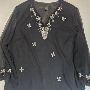 Silkland‎ Blouse Womens 2X Black Silk Sheer Beaded Embellished Tunic Top